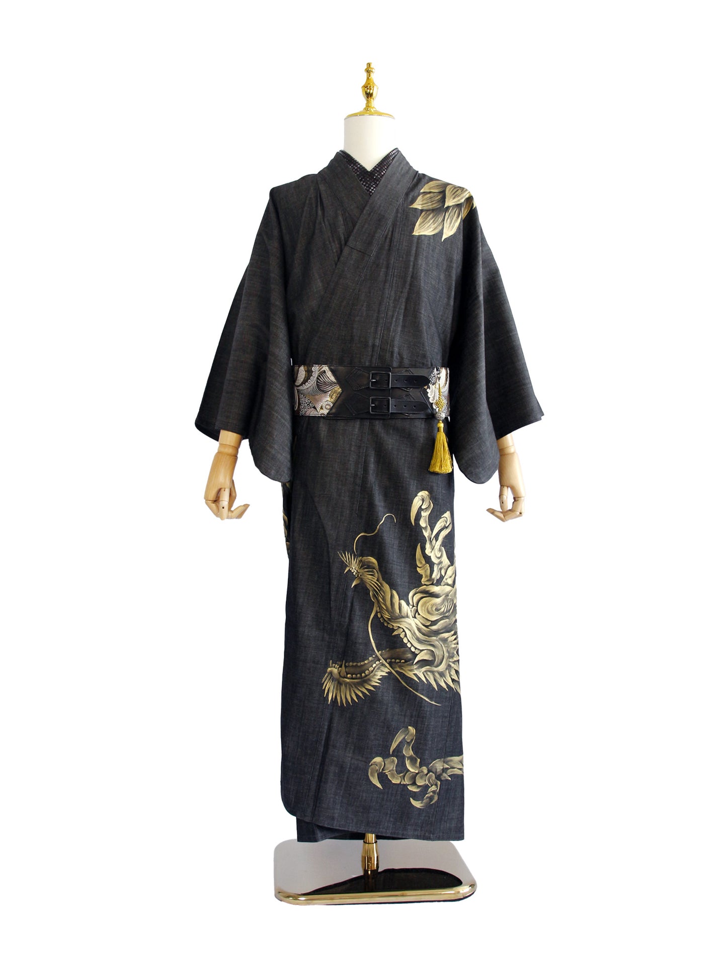 水墨画手描きデニム着物「金龍」