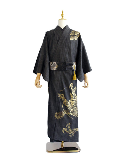 水墨画手描きデニム着物「金龍」